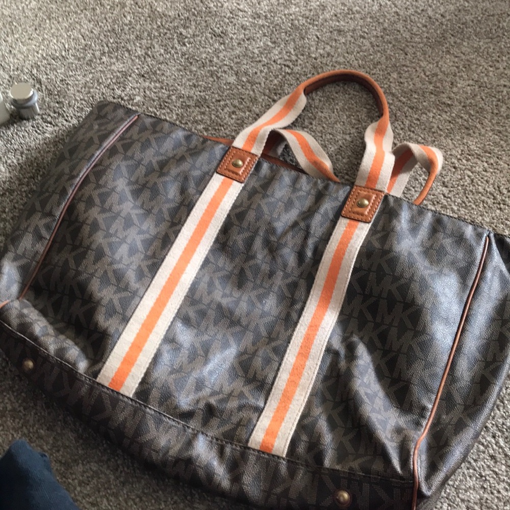 Michael Kors brown leather tote with orange stripe